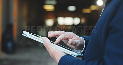Buy stock photo Construction, review or hands with tablet, task instruction or inspection report on building site. Bokeh, man or engineer outdoor with tech, project brief or operation schedule on digital platform.