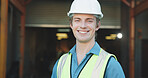 Architect, portrait and happy man with helmet on construction site, confident or renovation project. Civil engineer, smile and person with hard hat, property management and real estate investment