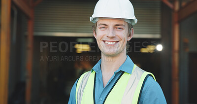 Buy stock photo Architect, portrait and happy man with helmet on construction site, confident or renovation project. Civil engineer, smile and person with hard hat, property management and real estate investment