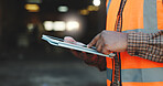 Construction, scroll or hands on site with tablet, task brief or inspection report on development. Space, man or engineer with tech, project instruction or operation schedule on digital platform.