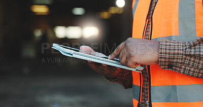 Buy stock photo Construction, scroll or hands on site with tablet, task brief or inspection report on development. Space, man or engineer with tech, project instruction or operation schedule on digital platform.