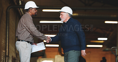 Buy stock photo Construction, handshake or men with safety inspection, building deal or approval in site check. Industrial, equipment or engineers with shaking hands, partnership agreement or clearance in compliance