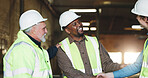 Construction, handshake or people with safety inspection, building deal or approval in site check. Industrial, happy or engineers with shaking hands, partnership agreement or clearance in compliance.