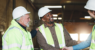 Buy stock photo Construction, handshake or people with safety inspection, building deal or approval in site check. Industrial, happy or engineers with shaking hands, partnership agreement or clearance in compliance.