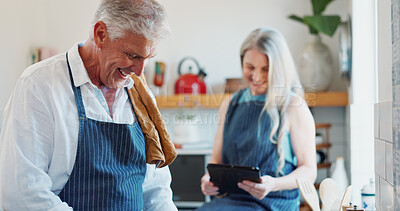 Buy stock photo Cooking, recipe or old couple in kitchen with tablet, food blog or connection with meal prep. Happy, help or elderly people in home with technology, online instructions or bonding in culinary hobby.