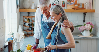 Buy stock photo Cooking, smile or old couple in kitchen with vegetable, nutrition food or connection in meal prep. Support, happy or senior people with culinary diet, healthy relationship or bonding together in home