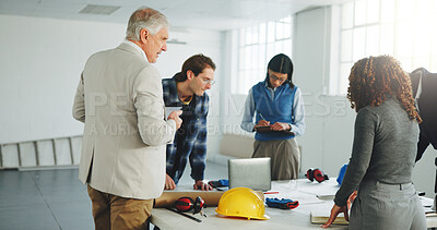 Buy stock photo Architecture, meeting and team on site with blueprint, writing notes and manager advice for project. Architect, people and floor plan in building with supervisor insight, review and brainstorming.