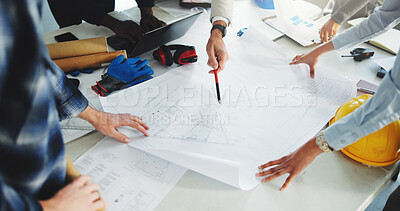 Buy stock photo Architect, team and hands in office with blueprint, brainstorming and technical drawing of building. People, meeting and floor plan in workplace for construction guide, layout design or architecture.