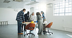 Architect, team and meeting at site for construction, planning and feedback for architecture. People, talk and document at worksite for collaboration, brainstorming and task allocation for renovation