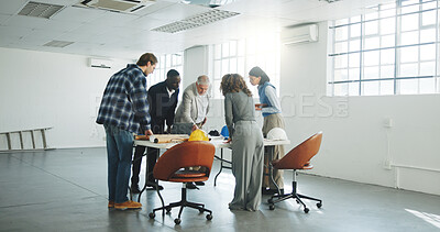 Buy stock photo Architect, team and meeting at site for construction, planning and feedback for architecture. People, talk and document at worksite for collaboration, brainstorming and task allocation for renovation