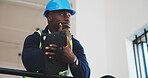 Architect, thinking and black man with tablet in building for construction safety or security. Thoughtful, male person or civil engineer with technology for industrial renovation or improvement