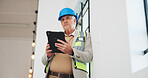 Mature, man or architect thinking with tablet in building for construction inspection or renovation. Male person, civil engineer or thoughtful contractor with technology for safety check or security