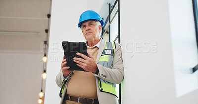 Buy stock photo Mature, man or architect thinking with tablet in building for construction inspection or renovation. Male person, civil engineering or contractor with technology for plan, safety check or security