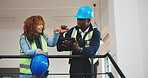 Architect, team and fist bump with technology in building for construction success or winning. Man, woman or civil engineer with smile or technology for architecture achievement or done project
