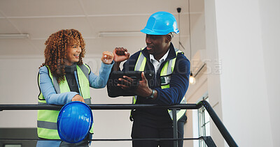 Buy stock photo Architect, team and fist bump with tablet in building for construction success or winning together. Man, woman or civil engineer with smile or technology for architecture achievement or done project