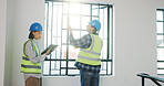 People, architect and tablet with window inspection for building safety or security check. Man, woman or contractors with technology or lens flare for property inspection, construction or renovation