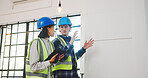 People, architect and discussion with tablet in building for construction or renovation planning. Man, woman or civil engineer with technology for architecture design, improvement or development