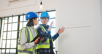 Buy stock photo People, architect and discussion with tablet in building for construction or renovation planning. Man, woman or civil engineer with technology for architecture design, improvement or development