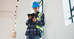 Man, architect or construction with tablet for renovation, safety or security in building. Male person, civil engineer or contractor with technology for architecture project or development on site