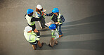 Construction, team and unity with high five in meeting or above for success, winning or mission. Top view, architect or group of contractors with touch or celebration for completion or done on space