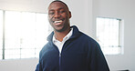 Happy, professional and portrait of black man in office with confidence for career in real estate. Smile, about us and property agent at rental agency with pride for job opportunity in workplace.