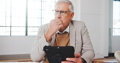 Buy stock photo Thinking, business and man in office with tablet, research and pricing ideas for real estate. Mature person, realtor and choice in workplace with tech, online listing and schedule viewing for auction