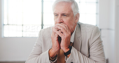Buy stock photo Anxiety, finance and thinking with business man at desk in office for investment failure or loss. Debt, mistake and stress with mature broker in financial workplace for problem solving or solution