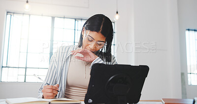 Buy stock photo Tired, woman and yawning in office with tablet, research and exhausted employee for real estate. Fatigue, female person and notebook in workplace with tech, realtor burnout and workaholic for auction