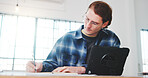 Architect, writing and man in office with plan, design review and draft of renovation project. Development, tablet and engineer with technology, progress checklist and strategy brief for remodeling.