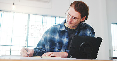 Buy stock photo Architect, writing and man in office with plan, design review and draft of renovation project. Development, tablet and engineer with technology, progress checklist and strategy brief for remodeling.