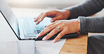 Architect, research and hands with laptop in office, creative or planning for design project on web. Civil engineer, typing and person with tech, property development and info for building renovation