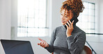 Phone call, laptop and businesswoman in office with communication on lease agreement with negotiation. Cellphone, computer and real estate agent on mobile discussion for property listing in workplace