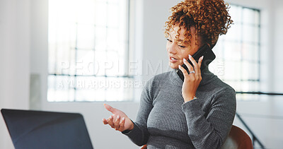Buy stock photo Phone call, laptop and businesswoman in office with communication on lease agreement with negotiation. Cellphone, computer and real estate agent on mobile discussion for property listing in workplace