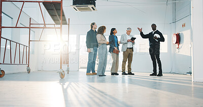 Buy stock photo Building, inspection and people with architect, talking or planning for renovation costs with tablet. Civil engineer, point and colleagues with tech for construction budget, discussion and teamwork