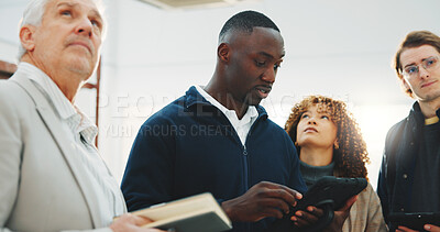 Buy stock photo Architect, man and meeting at construction site with tablet, team inspection and property evaluation. Architecture, people and talk in building with tech, check renovation progress or project update.