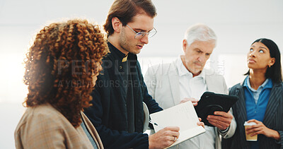 Buy stock photo Architect, notebook and meeting in office with tablet, plan building design and project management. People, writing notes and manager with tech for property development, collaboration or architecture