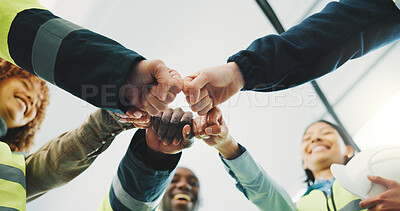 Buy stock photo Architect, meeting and team with fist bump for construction, support or trust with social cohesion. Low angle, contractor or group with smile or hands together for architecture development or mission