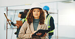 Portrait, woman and engineer at site with tablet, career pride and research for construction. Serious, female person or contractor with digital, checklist and inspection report on building renovation