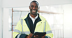 Portrait, black man and engineer at site with tablet, career pride and research for construction. Smile, male person or contractor with digital, checklist and inspection report on building renovation