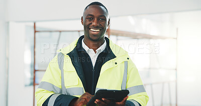 Buy stock photo Portrait, black man and engineer at site with tablet, career pride and research for construction. Smile, male person or contractor with digital, checklist and inspection report on building renovation
