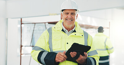 Buy stock photo Portrait, man and engineer at site with tablet, career pride and about us for construction. Smile, mature person and contractor with digital, checklist and inspection report for building renovation