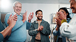 Logistics, happy or team clapping for success at office, supply chain goal or milestone celebration. Excited people, distribution or applause for delivery target, sales record or shipping achievement