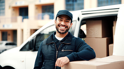 Buy stock photo Logistics, portrait and man at van with boxes, dispatch profession and pride as delivery worker. Confidence, happy and courier outdoor with package, freight distribution and about us in supply chain.