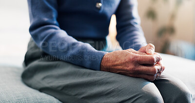 Buy stock photo Senior, woman or hands in bedroom for stress, anxiety or thinking of past memory in retirement home. Elderly, loneliness or female person with depression in bed for reflection or regret in house