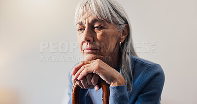 Buy stock photo Old woman, cane and thinking in retirement for past perspective, history or memory in home. Reflection, remember or sad mindset with senior person, walking stick and space with pensioner nostalgia