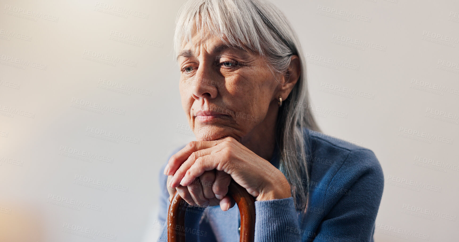 Buy stock photo Old woman, cane and thinking in retirement for past perspective, history or memory in home. Reflection, remember or sad mindset with senior person, walking stick and space with pensioner nostalgia