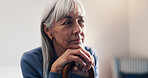 Senior, person and thinking with cane in retirement home for old memory, reflection or past moment. Elderly, patient or pensioner daydreaming with walking stick for nostalgia or reminisce in house