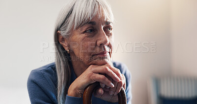 Buy stock photo Senior, person and thinking with cane in retirement home for old memory, reflection or past moment. Elderly, patient or pensioner daydreaming with walking stick for nostalgia or reminisce in house