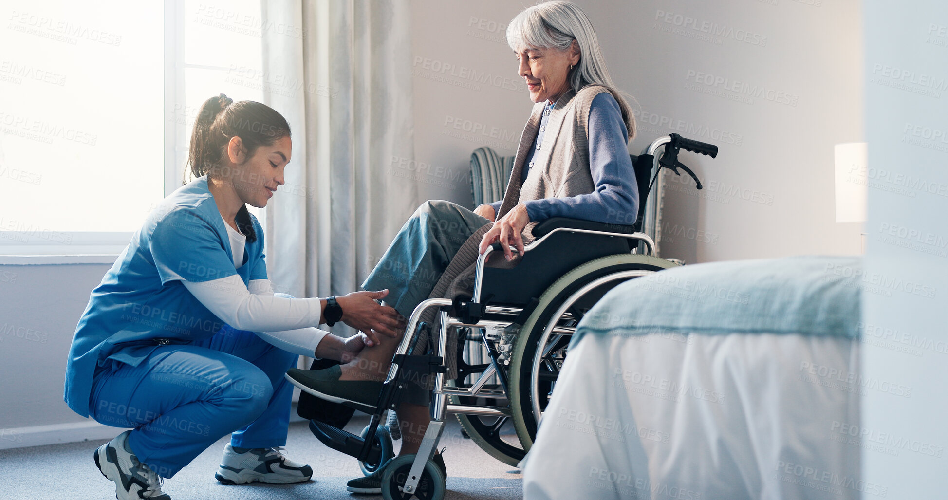 Buy stock photo Senior, woman and nurse helping patient in wheelchair for assisted living, recovery or medical aid. Caregiver, elderly care or female person with a disability for healthcare or mobility in bedroom