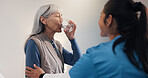 Nurse, patient and senior care with drinking water for health, wellness or hydration for medical help. Support, caregiver and old woman with beverage, electrolytes or fluids for healthcare in home